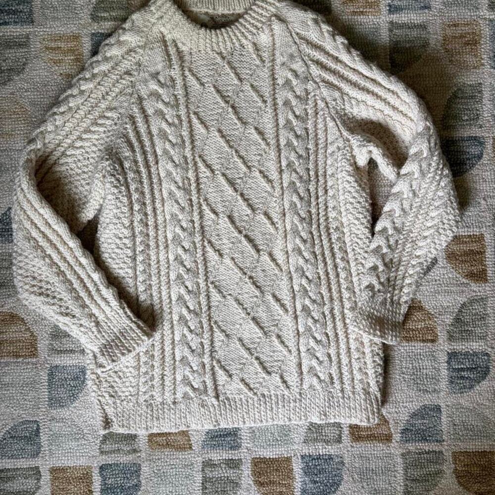 Vintage Blarney Woolen Mills Fisherman Cream Cable Knit Sweater Pullover Ireland